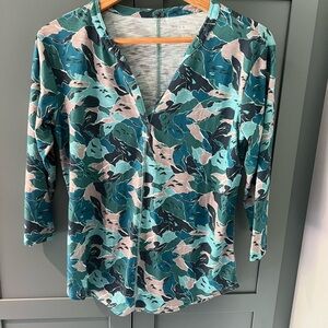 LL Bean W’s Streamside Tee 3/4 Sleeve Splitneck Print Sz Small